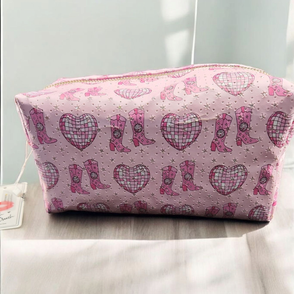 Pink Heart and Boot Patterned Cosmetic Bag